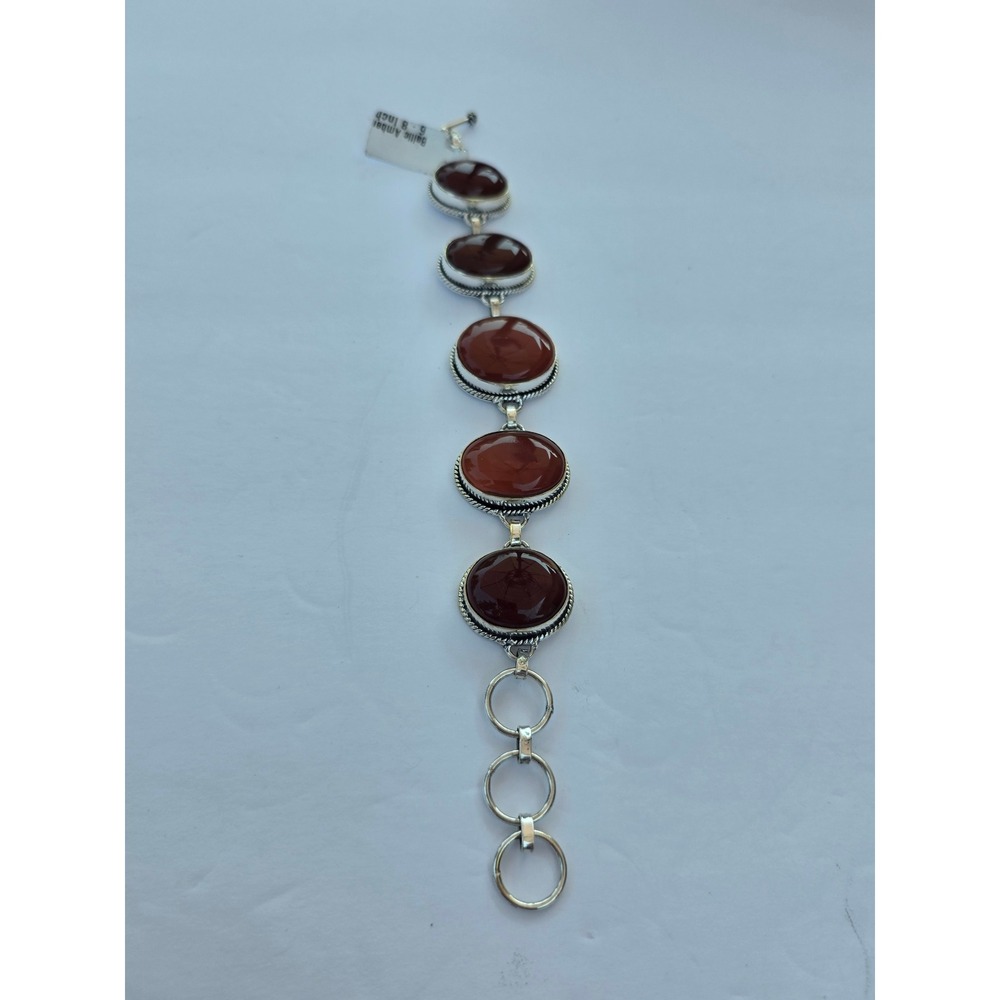 Baltic Amber Cognac Oval Cabochon Silver Tone Link Bracelet Adjustable 9 Inch